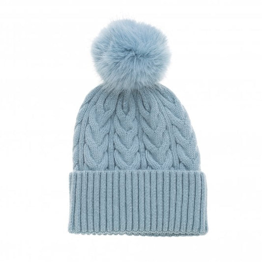 Cable Knit Fur Bobble Hat in Ice Blue