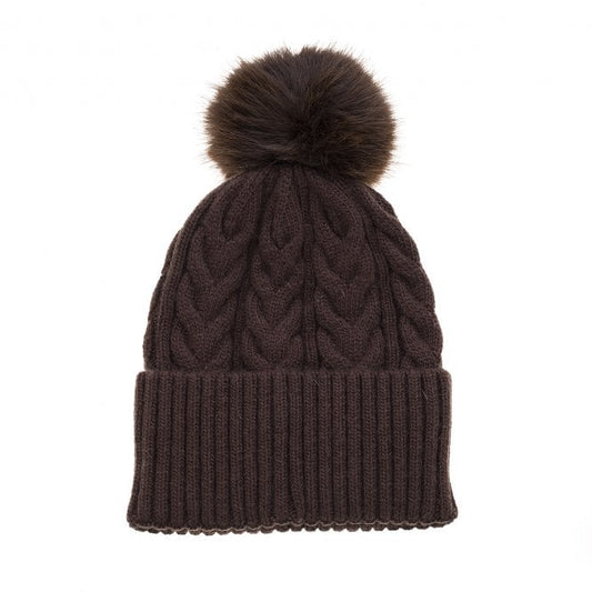 Cable Knit Fur Bobble Hat in Chocolate