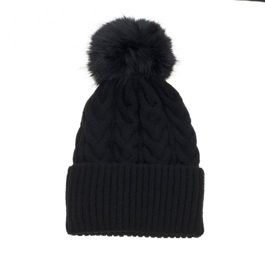 Cable Knit Fur Bobble Hat in Raven