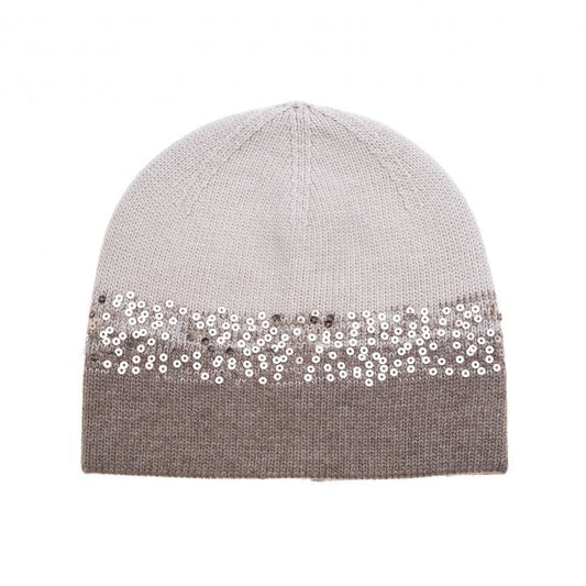 Two Tone Sequinned Beanie Hat in Stone & Latte