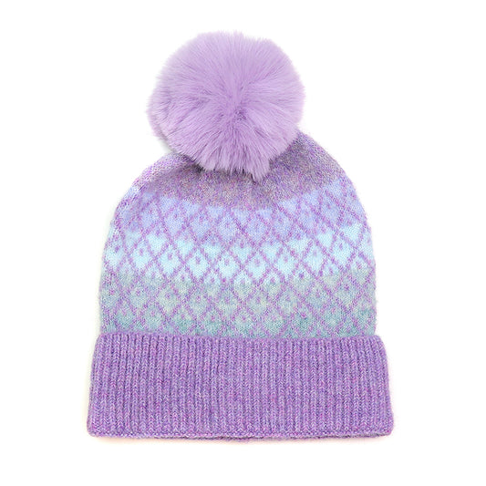 Lilac Mix Recycled Blend Diamond Knit Bobble Hat