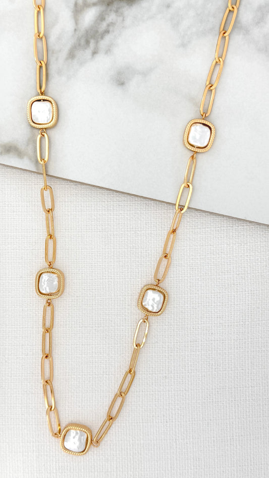 Square Linked Pearl & Gold Necklace