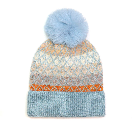 Alpaca Diamond Check Hat With Faux Fur Pompom Blue & Rust Mix