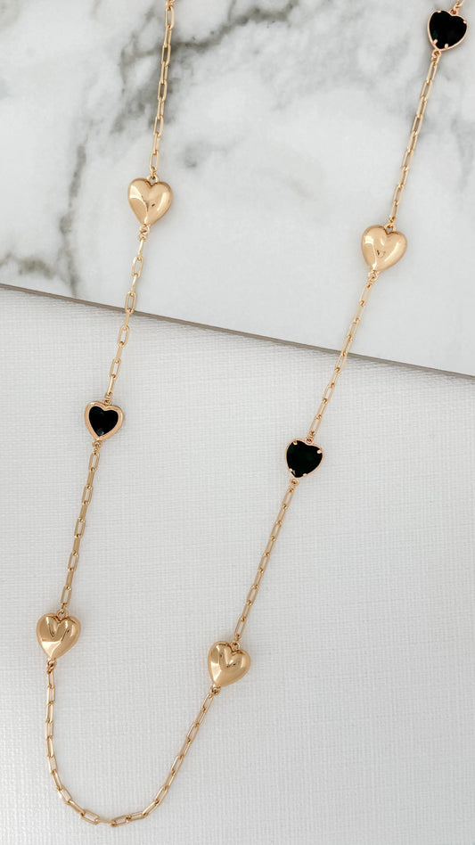 Long Gold & Black Heart Necklace