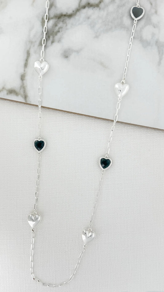 Long Silver & Grey Heart Necklace