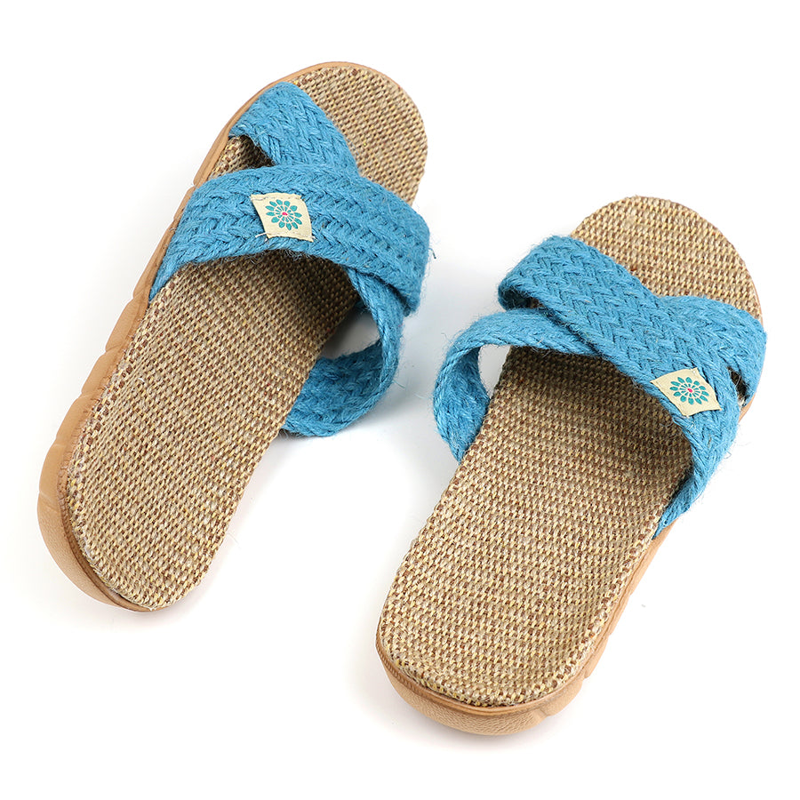 Teal Blue Woven Summer Sliders