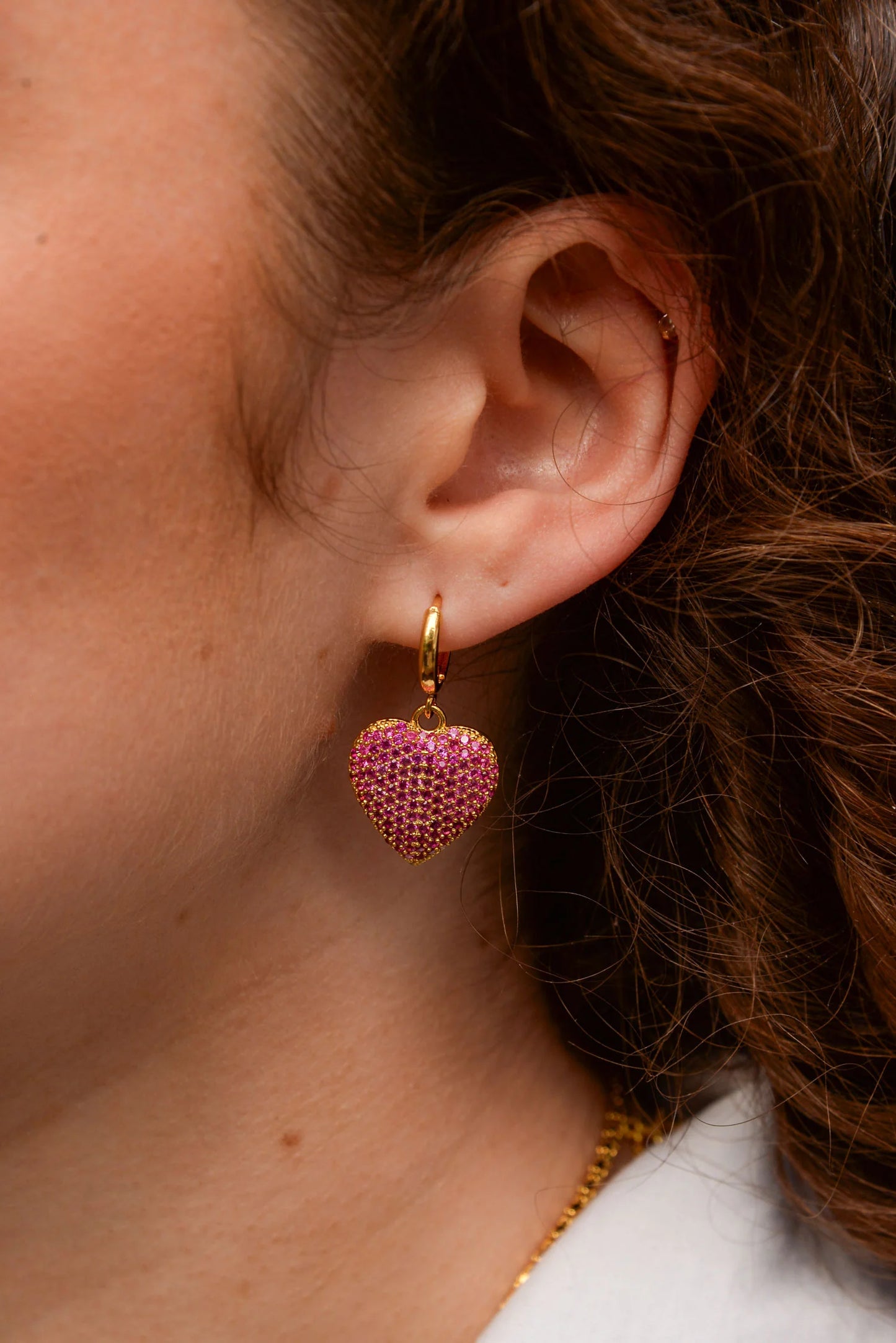 Chunky CZ Pink Hearts On Huggie Hoops