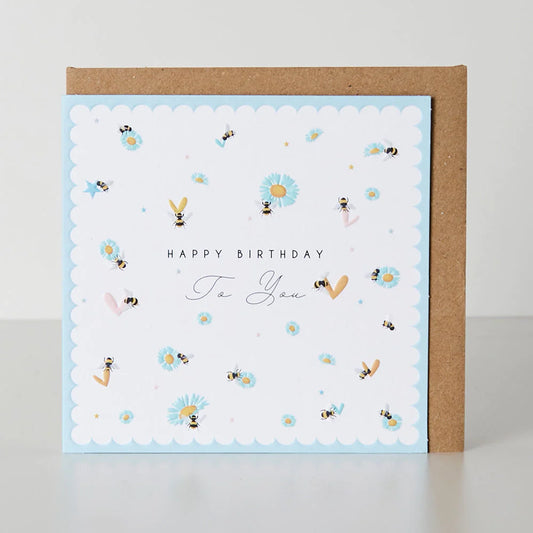 Happy Birthday To You Blue Daisy & Bees Greetings Card