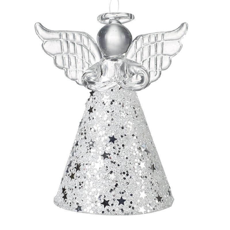 Mottled Silver Glass Stars Skirted Angel