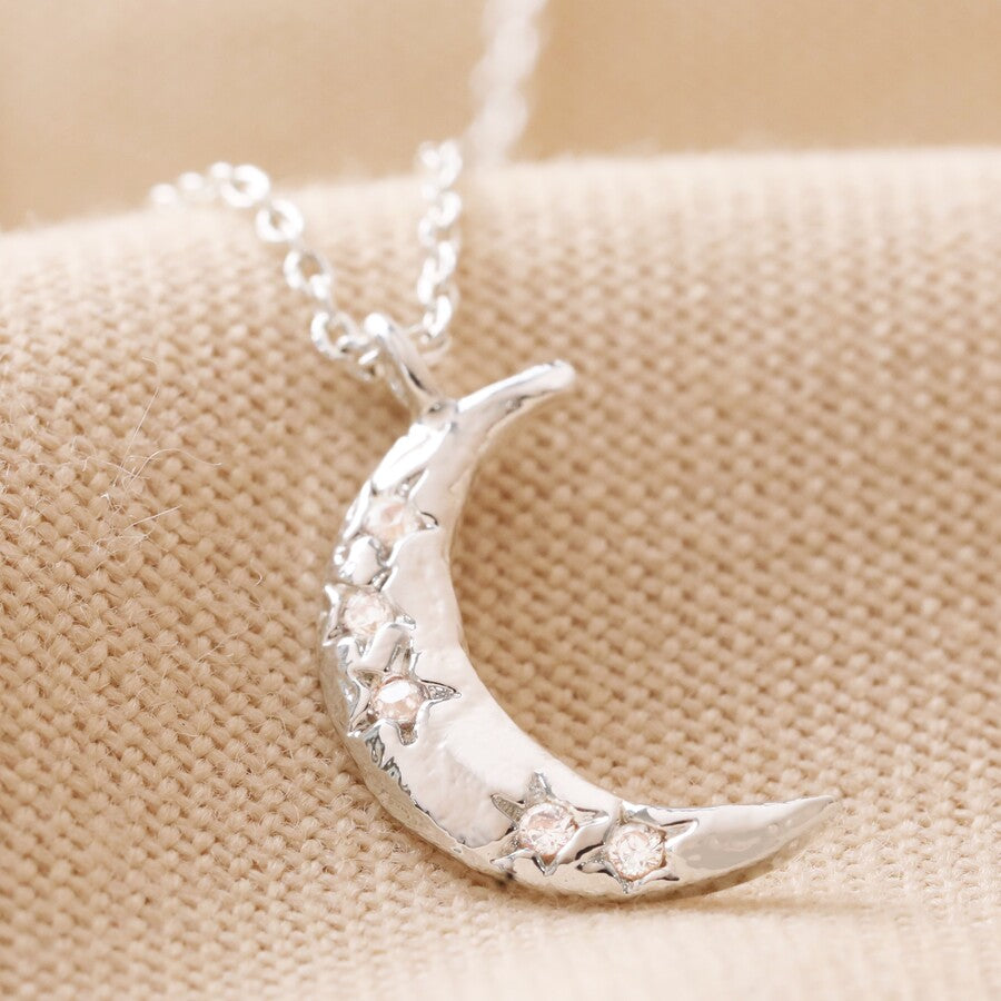 Crystal Crescent Moon Silver Pendant Necklace.