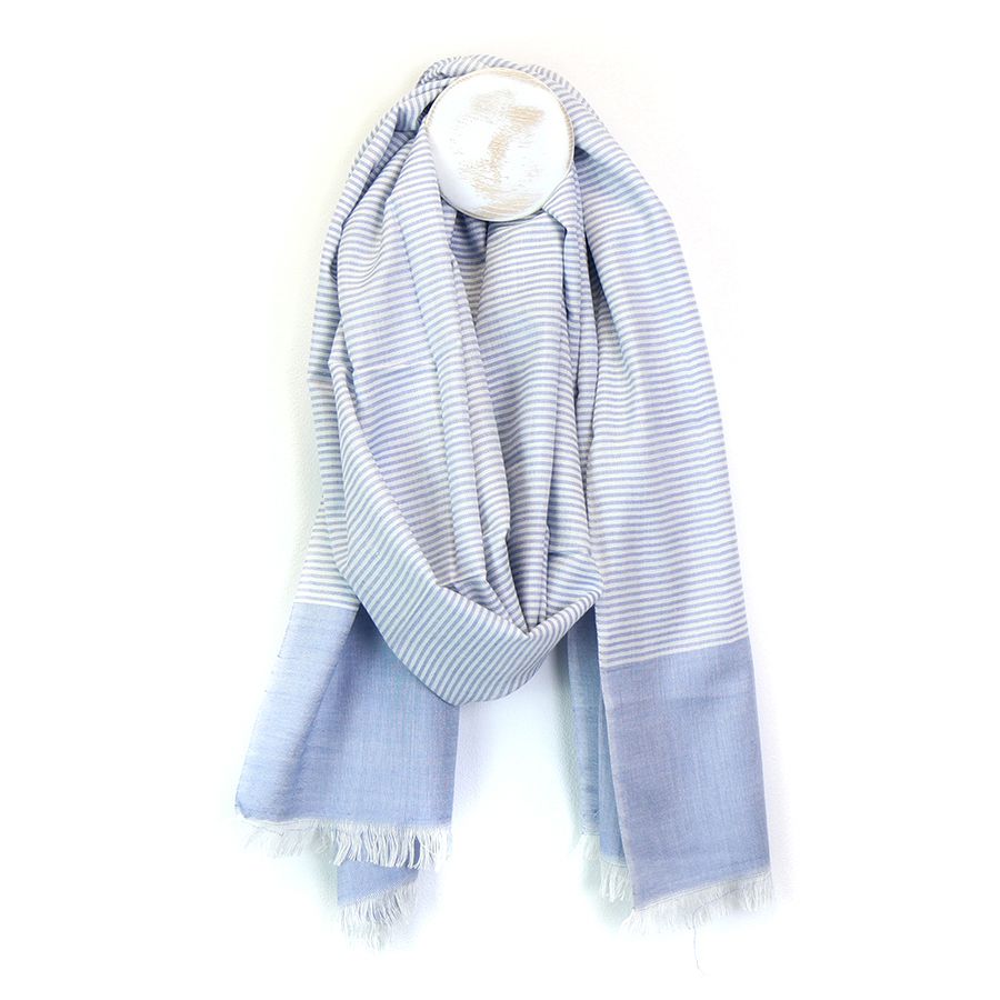 Fine Stripe and Colour Block Border Scarf Blue