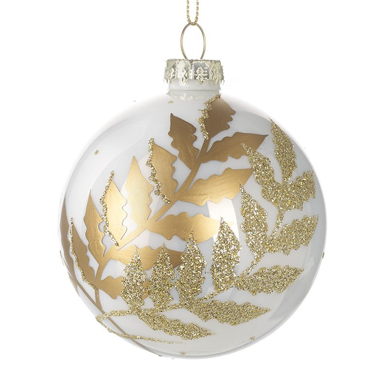 White Glass Bauble With Gold Leaves